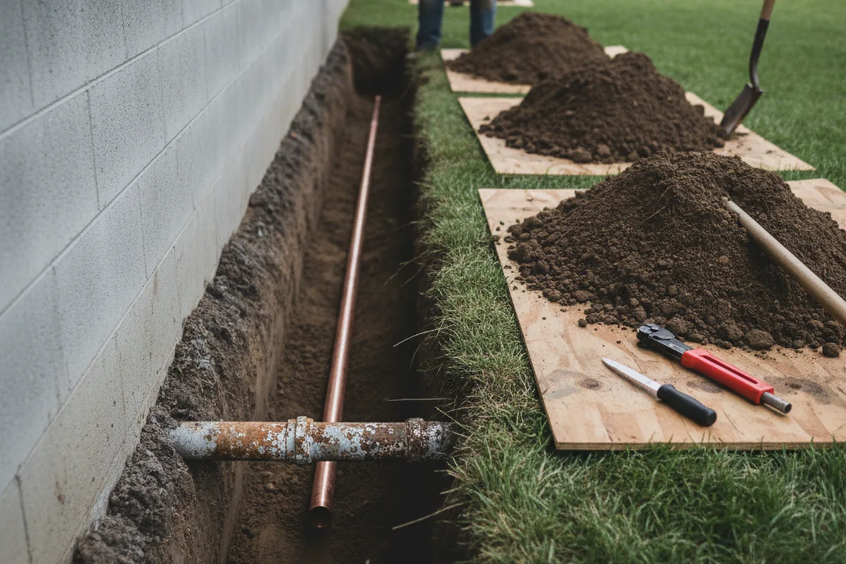 Excavated water line trench during Water Heater Repair in Jamesport